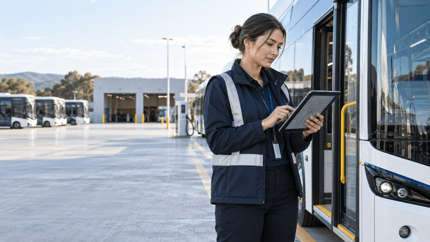 A transport coordinator reviewing a route plan beside an electric bus